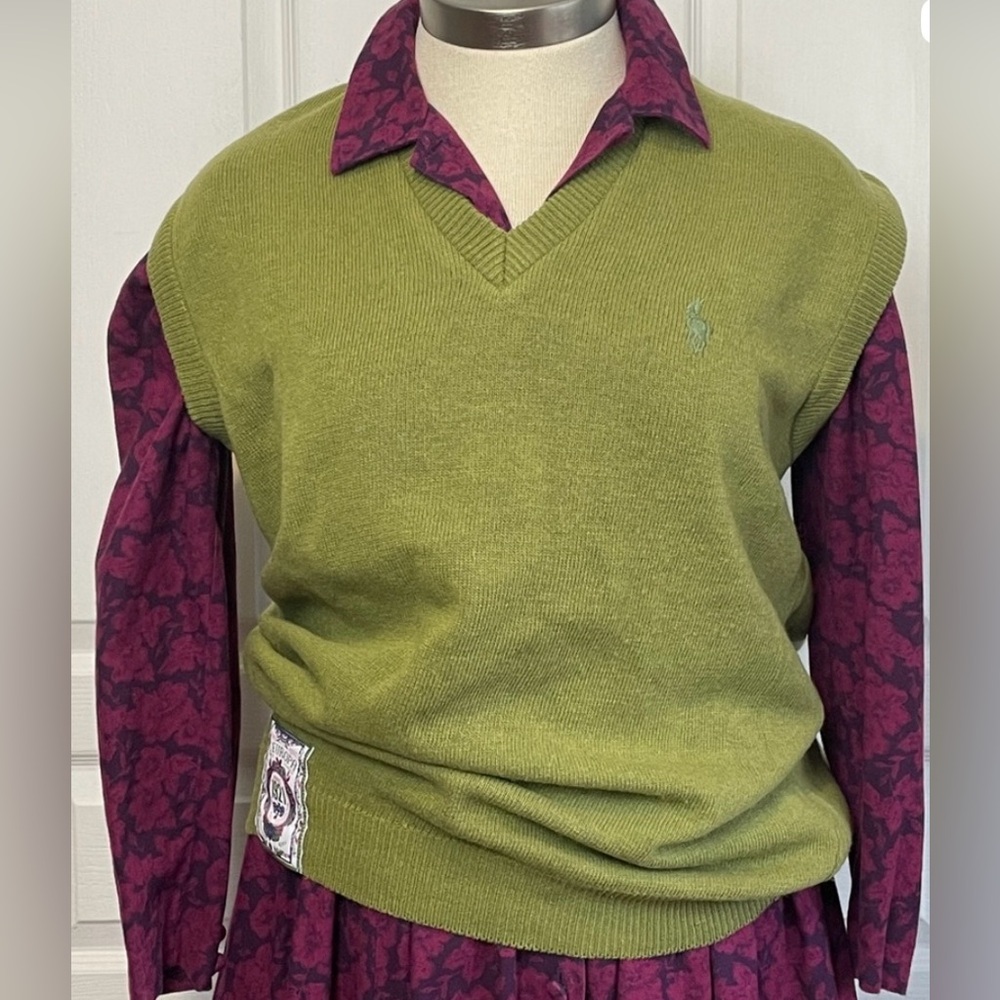 DINAR Vest 100% Wool Authentic L’Europa Patch Pistachio Green V Neck Sz XL